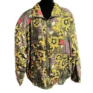 Vintage EVR Baroque Print Silk Bomber Jacket L